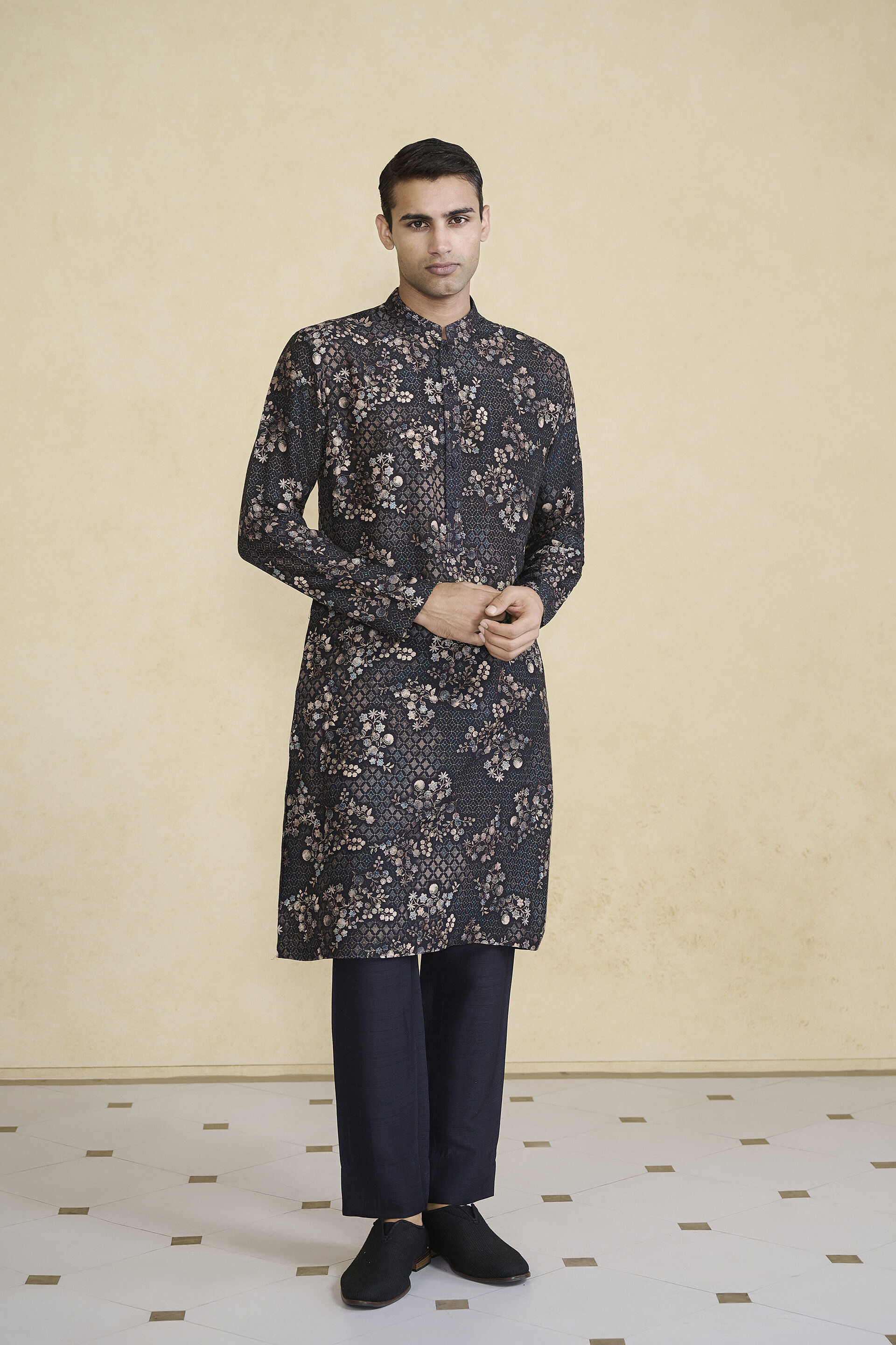 Rukham Printed Silk Kurta - Black, Black, image 1